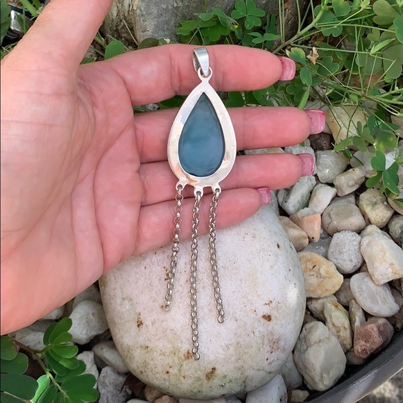 Sterling Tear Drop Glass Dangle Chain Pendant - Picture 10 of 17